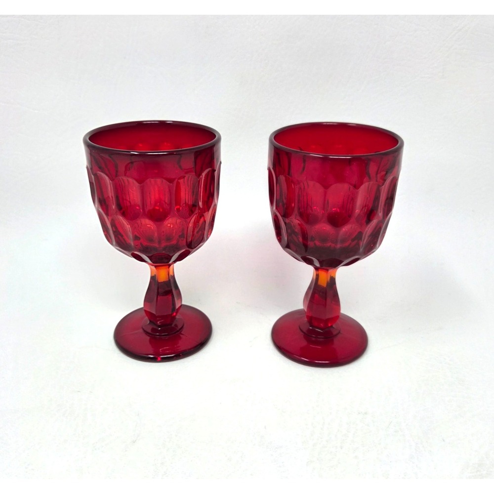Set of 2 VTG Fenton Ruby Red Thumbprint Wine Glasses 5" H Art Glass Barware